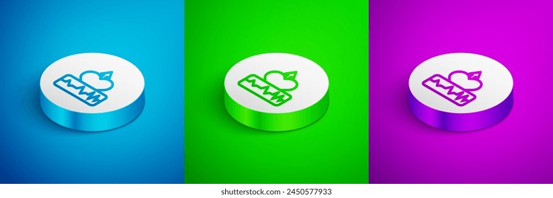 Línea isométrica Icono de aumento de latido aislado sobre fondo azul, verde y púrpura. Aumento de la frecuencia cardíaca. Botón de círculo blanco. Vector