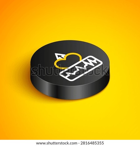 Isometric line Heartbeat increase icon isolated on yellow background. Increased heart rate. Black circle button. Vector
