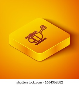 Isometric line Helicopter aircraft vehicle icon isolated on orange background. Yellow square button. Vector Illustration