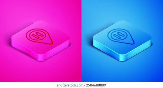 Isometric line Helicopter landing pad icon isolated on pink and blue background. Helipad, area, platform, H letter. Square button. Vector