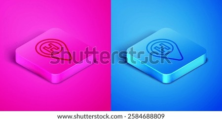 Isometric line Helicopter landing pad icon isolated on pink and blue background. Helipad, area, platform, H letter. Square button. Vector