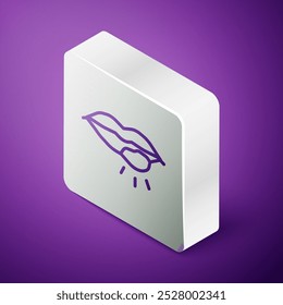 Isometric line Herpes lip icon isolated on purple background. Herpes simplex virus. Labial infection inflammation symbol. Silver square button. Vector