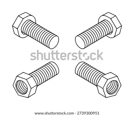 Isometric Line Hex Bolts and Nuts Isolated White Background hardware fastener