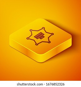 Isometric line Hexagram sheriff icon isolated on orange background. Police badge icon. Yellow square button. Vector Illustration