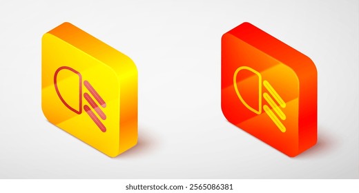 Isometric line High beam icon isolated on grey background. Car headlight. Yellow and orange square button. Vector