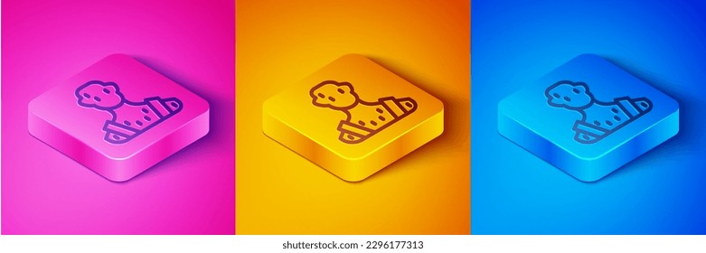 Línea isométrica Temperatura corporal humana alta o aislamiento del icono de fiebre en fondo rosa y naranja, azul. Enfermedad, frío, síntoma de gripe. Botón cuadrado. Vector