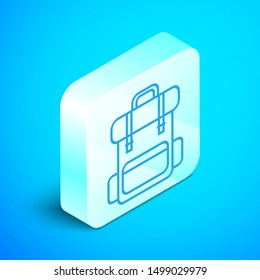 Isometric line Hiking backpack icon isolated on blue background. Camping and mountain exploring backpack. Silver square button. Vector Illustration