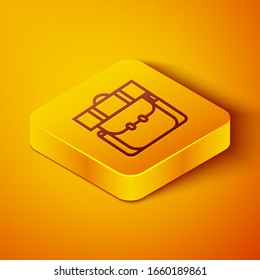 Isometric line Hiking backpack icon isolated on orange background. Camping and mountain exploring backpack. Yellow square button. Vector Illustration