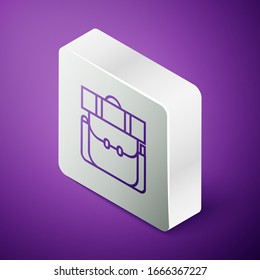 Isometric line Hiking backpack icon isolated on purple background. Camping and mountain exploring backpack. Silver square button. Vector Illustration