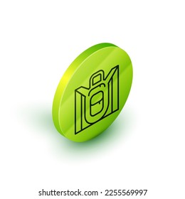 Isometric line Hiking backpack icon isolated on white background. Camping and mountain exploring backpack. Green circle button. Vector