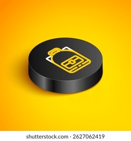 Isometric line Hiking backpack icon isolated on yellow background. Camping and mountain exploring backpack. Black circle button. Vector