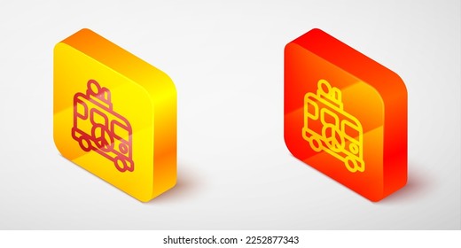 Isometric line Hippie camper van icon isolated on grey background. Travel by vintage bus. Tourism, summer holiday. Yellow and orange square button. Vector