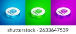 Isometric line Hippie girl icon isolated on blue, green and purple background. Peace and love sign. Symbol pacificism freedom and love. White circle button. Vector