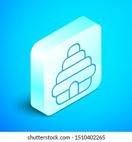 Isometric line Hive for bees icon isolated on blue background. Beehive symbol. Apiary and beekeeping. Sweet natural food. Silver square button. Vector Illustration