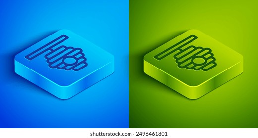 Isometric line Hive for bees icon isolated on blue and green background. Beehive symbol. Apiary and beekeeping. Sweet natural food. Square button. Vector