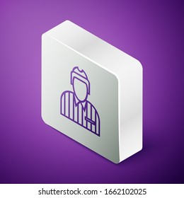 Isometric line Hockey judge, referee, arbiter icon isolated on purple background. Silver square button. Vector Illustration