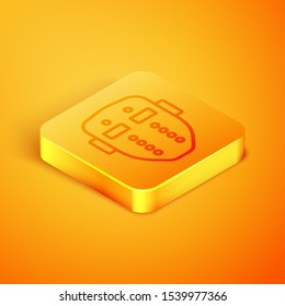 Isometric line Hockey mask icon isolated on orange background. Happy Halloween party. Orange square button. Vector Illustration