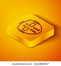 Isometric line Hockey mask icon isolated on orange background. Happy Halloween party. Yellow square button. Vector