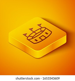 Isometric line Hockey stadium icon isolated on orange background. Hockey arena. Yellow square button. Vector Illustration