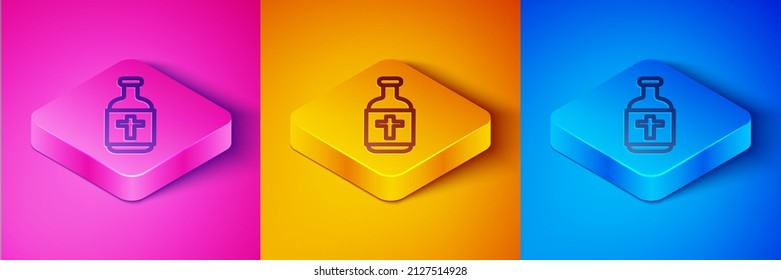 Isometric line Holy water bottle icon isolated on pink and orange, blue background. Glass flask with magic liquid. Square button. Vector