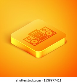Isometric line Home stereo with two speakers icon isolated on orange background. Music system. Orange square button. Vector Illustration