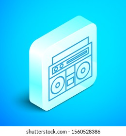 Isometric line Home stereo with two speakers icon isolated on blue background. Music system. Silver square button. Vector Illustration