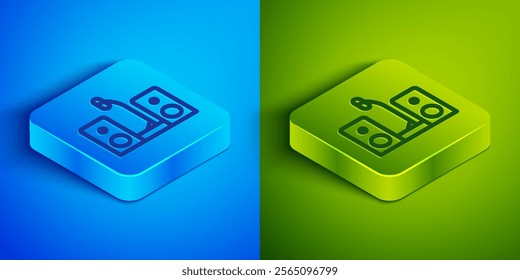 Isometric line Home stereo with two speaker s icon isolated on blue and green background. Music system. Square button. Vector