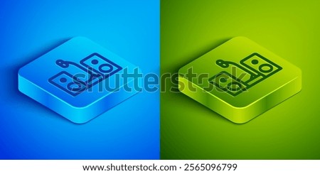Isometric line Home stereo with two speaker s icon isolated on blue and green background. Music system. Square button. Vector