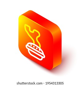 Isometric line Homemade pie icon isolated on white background. Orange square button. Vector