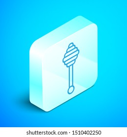 Isometric line Honey dipper stick icon isolated on blue background. Honey ladle. Silver square button. Vector Illustration