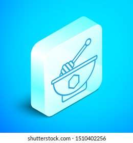 Isometric line Honey dipper stick and bowl icon isolated on blue background. Honey ladle. Silver square button. Vector Illustration