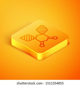 Isometric line Honey dipper stick icon isolated on orange background. Honey ladle. Orange square button. Vector Illustration