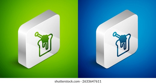 Isometric line Honey dipper stick with dripping honey icon isolated on green and blue background. Honey ladle. Silver square button. Vector