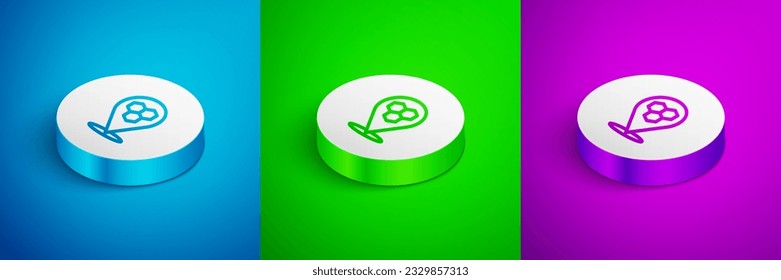 Isometric line Honeycomb bee location map pin pointer icon isolated on blue, green and purple background. Farm animal map pointer. White circle button. Vector