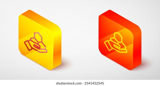 Línea isométrica Panal e icono de la mano aislados sobre fondo gris. Símbolo de células de miel. Dulce comida natural. Botón cuadrado amarillo y naranja. Vector