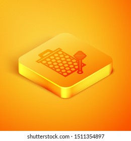 Isometric line Honeycomb with honey dipper stickicon isolated on orange background. Honey ladle. Honey cells symbol. Sweet natural food. Orange square button. Vector Illustration Isometric line Honeycomb with honey dipper stickicon isolated on orange background. Honey ladle. Honey cells symbol. Sweet natural food. Orange square button. Vector Illustration