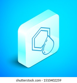 Isometric line Honeycomb icon isolated on blue background. Honey cells symbol. Sweet natural food. Silver square button. Vector Illustration