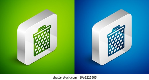 Isometric line Honeycomb icon isolated on green and blue background. Honey cells symbol. Sweet natural food. Silver square button. Vector