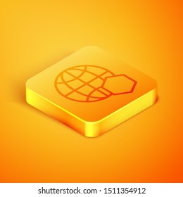 Isometric line Honeycomb map of the world icon isolated on orange background. World bee day. Concept ecological event. Orange square button. Vector Illustration
