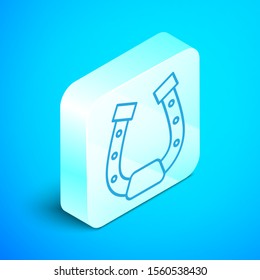 Isometric line Horseshoe icon isolated on blue background. Silver square button. Vector Illustration