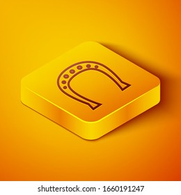 Isometric line Horseshoe icon isolated on orange background. Yellow square button. Vector Illustration
