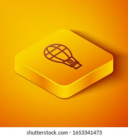 Isometric line Hot air balloon icon isolated on orange background. Air transport for travel. Yellow square button. Vector Illustration