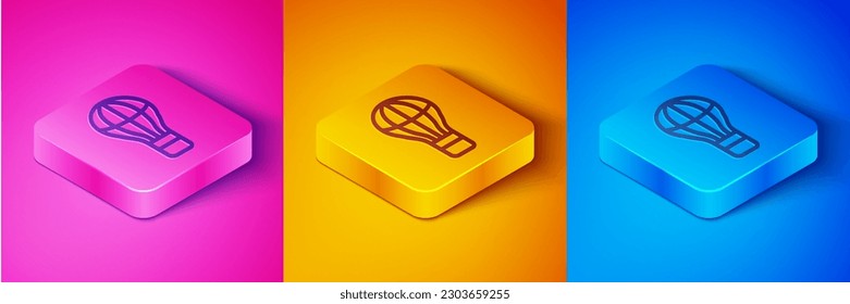 Isometric line Hot air balloon icon isolated on pink and orange, blue background. Air transport for travel. Square button. Vector