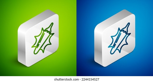 Isometric line Hot chili pepper pod icon isolated on green and blue background. Design for grocery, culinary products, seasoning and spice package, cooking book. Silver square button. Vector