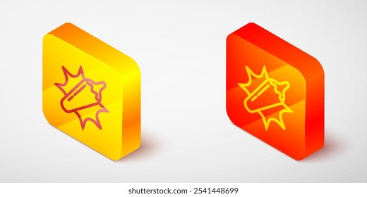 Isometric line Hot chili pepper pod icon isolated on grey background. Design for grocery, culinary products, seasoning and spice package, cooking book. Yellow and orange square button. Vector