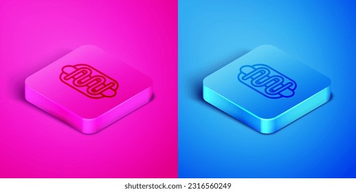 Isometric line Hotdog sandwich icon isolated on pink and blue background. Sausage icon. Fast food sign. Square button. Vector