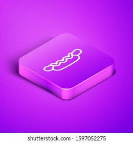 Isometric line Hotdog sandwich with mustard icon isolated on purple background. Sausage icon. Street fast food menu. Purple square button. Vector Illustration