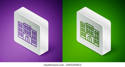 Isometric line Hotel building icon isolated on purple and green background. Silver square button. Vector