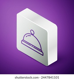 Isometric line Hotel service bell icon isolated on purple background. Reception bell. Silver square button. Vector Illustration