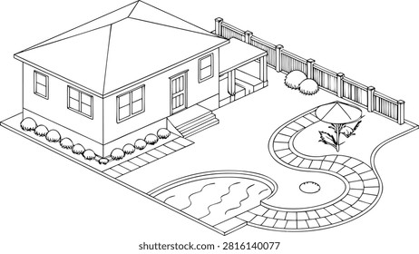 Isometric line of a house with backyard pool and patio area